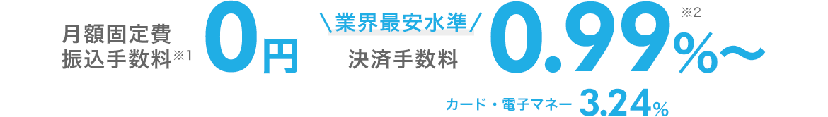 月額固定費・振込手数料0円※1 決済手数料0.99％～※2