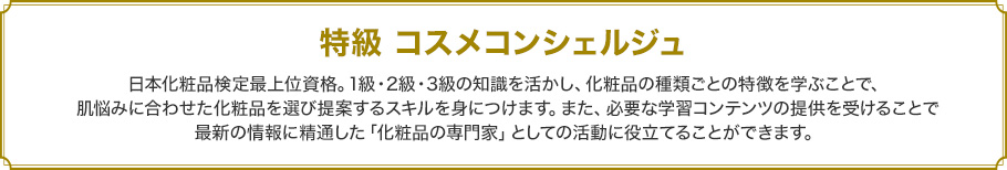 特級　コスメコンシェルジュ 
日本化粧品検定最上位資格。1級・2級・3級の知識を活かし、化粧品の種類ごとの特徴を学ぶことで、肌悩みに合わせた化粧品を選び提案するスキルを身につけます。また、必要な学習コンテンツの提供を受けることで最新の情報に精通した「化粧品の専門家」としての活動に役立てることができます。